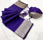 Mameraa Sarees Violet Soft Banarasi Silk Fabric Saree With Natural Zari Weaving In Gala Border-Violet | Grocsy