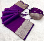 Mameraa Sarees Purple Soft Banarasi Silk Fabric Saree With Natural Zari Weaving In Gala Border-Purple | Grocsy