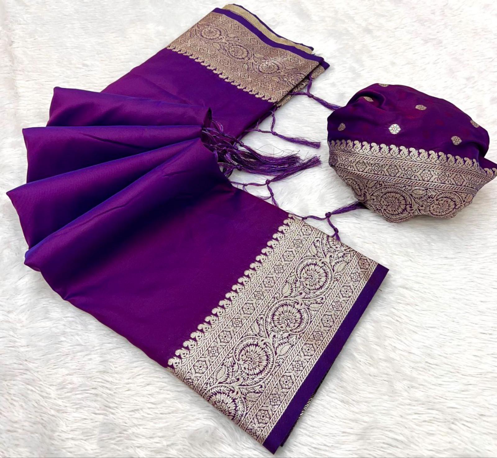 Mameraa Sarees Purple Soft Banarasi Silk Fabric Saree With Natural Zari Weaving In Gala Border-Purple | Grocsy
