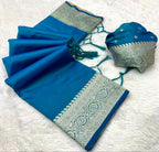Mameraa Sarees Teal Soft Banarasi Silk Fabric Saree With Natural Zari Weaving In Gala Border-Teal | Grocsy