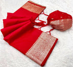 Mameraa Sarees Red Soft Banarasi Silk Fabric Saree With Natural Zari Weaving In Gala Border-Red | Grocsy