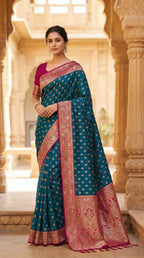Mameraa Sarees Teal Blue Soft Banarasi Silk Saree With Zari Weaving Meenakari Design-Teal | Grocsy