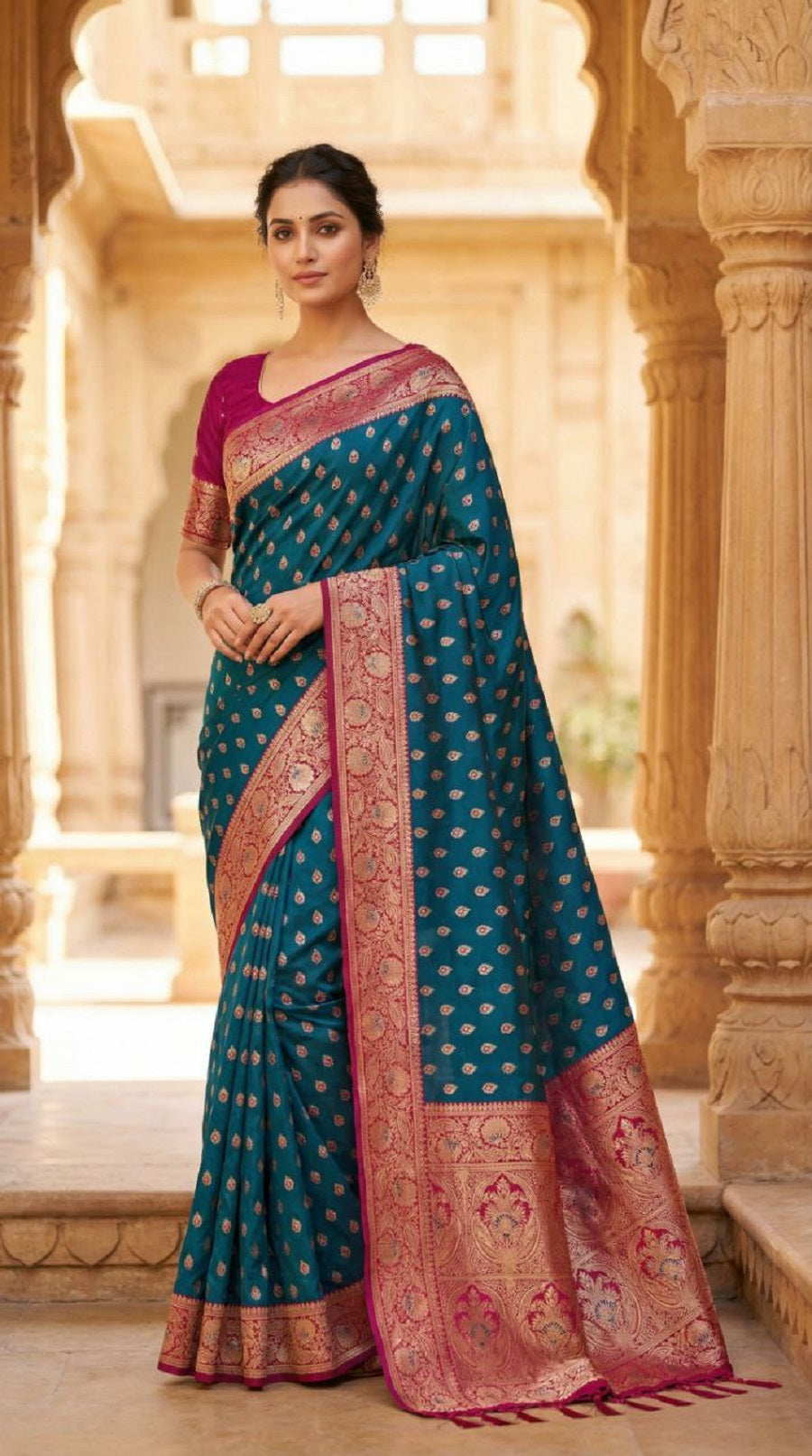 Mameraa Sarees Teal Blue Soft Banarasi Silk Saree With Zari Weaving Meenakari Design-Teal | Grocsy