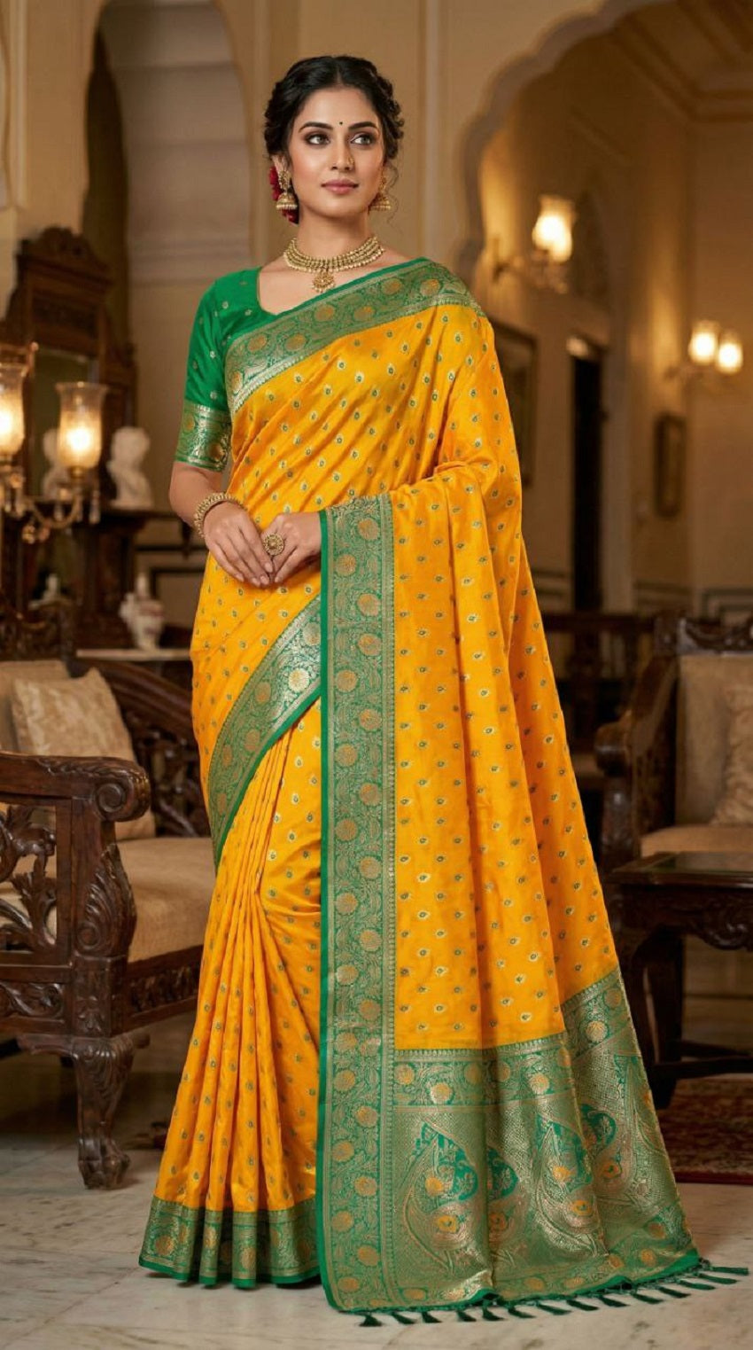 Mameraa Sarees Yellow Soft Banarasi Silk Saree With Zari Weaving Meenakari Design-Yellow | Grocsy
