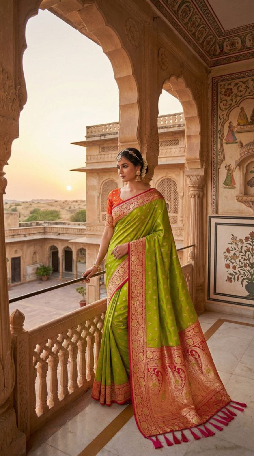 Mameraa Sarees Parrot Green Soft Banarasi Silk Saree With Zari Weaving Meenakari Design-Parrot_Green | Grocsy