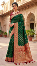 Mameraa Sarees Green Soft Banarasi Silk Saree With Zari Weaving Meenakari Design-Green | Grocsy