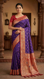 Mameraa Sarees Violet Soft Banarasi Silk Saree With Zari Weaving Meenakari Design-Violet | Grocsy