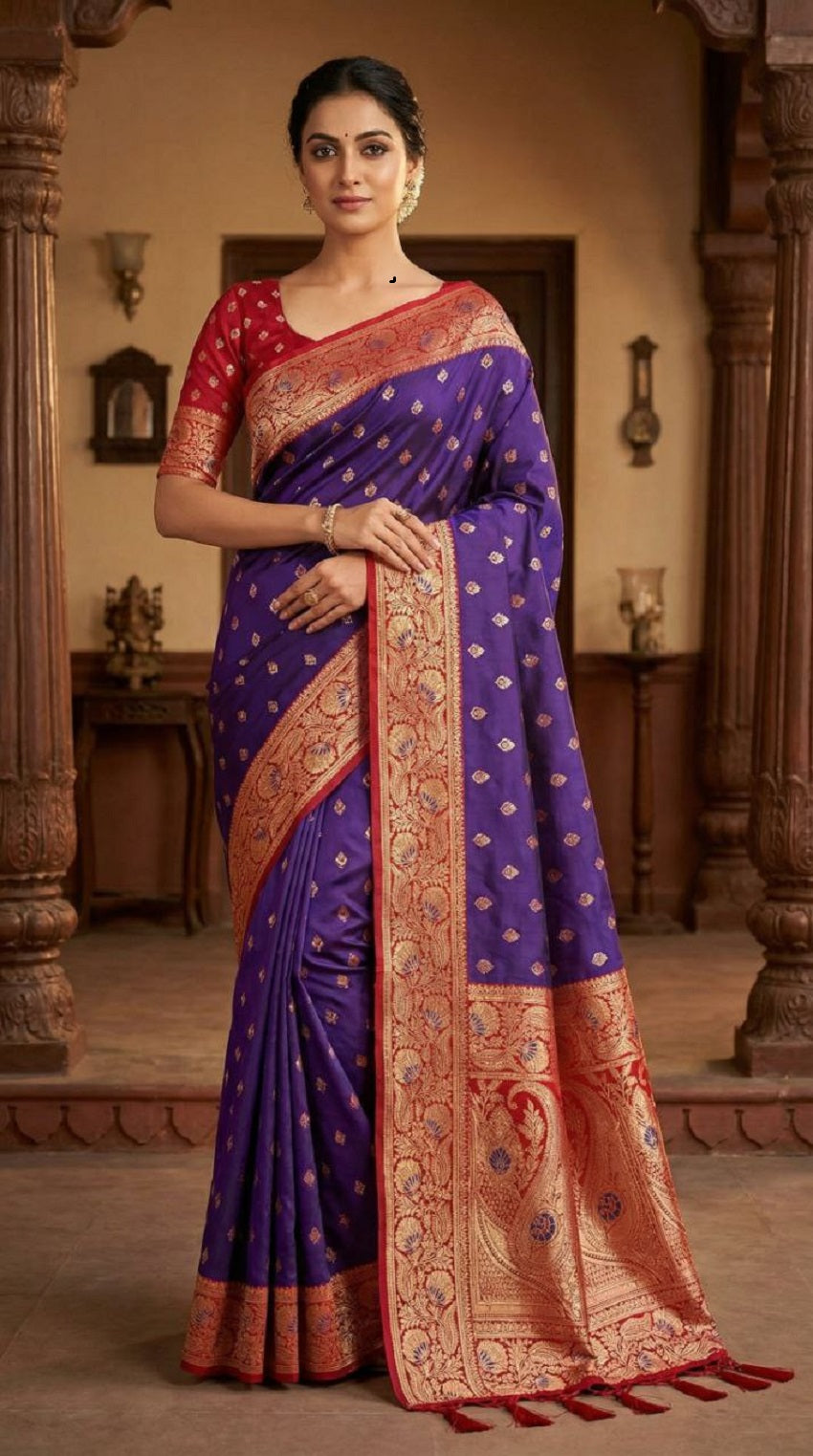 Mameraa Sarees Violet Soft Banarasi Silk Saree With Zari Weaving Meenakari Design-Violet | Grocsy