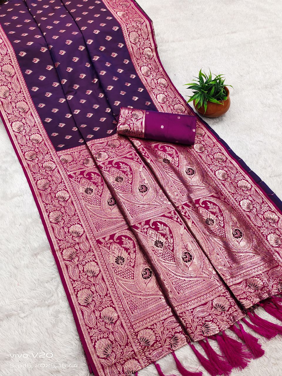 Mameraa Sarees Wine Soft Banarasi Silk Saree With Zari Weaving Meenakari Design-Wine | Grocsy