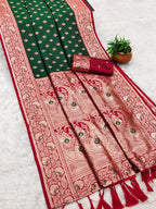 Mameraa Sarees Green Soft Banarasi Silk Saree With Zari Weaving Meenakari Design-Green | Grocsy