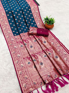 Mameraa Sarees Teal Blue Soft Banarasi Silk Saree With Zari Weaving Meenakari Design-Teal | Grocsy