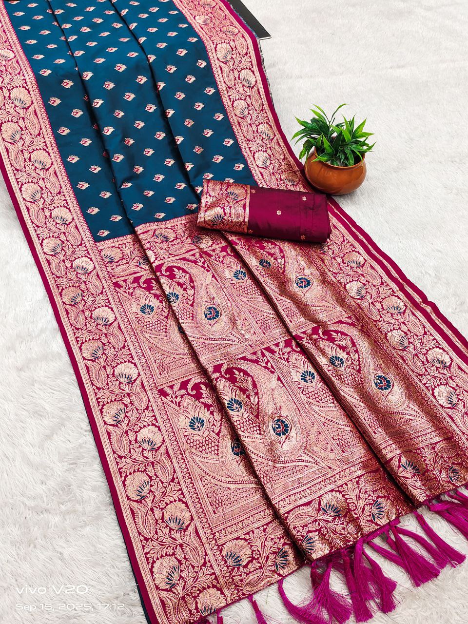 Mameraa Sarees Teal Blue Soft Banarasi Silk Saree With Zari Weaving Meenakari Design-Teal | Grocsy