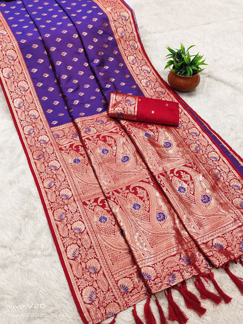 Mameraa Sarees Violet Soft Banarasi Silk Saree With Zari Weaving Meenakari Design-Violet | Grocsy