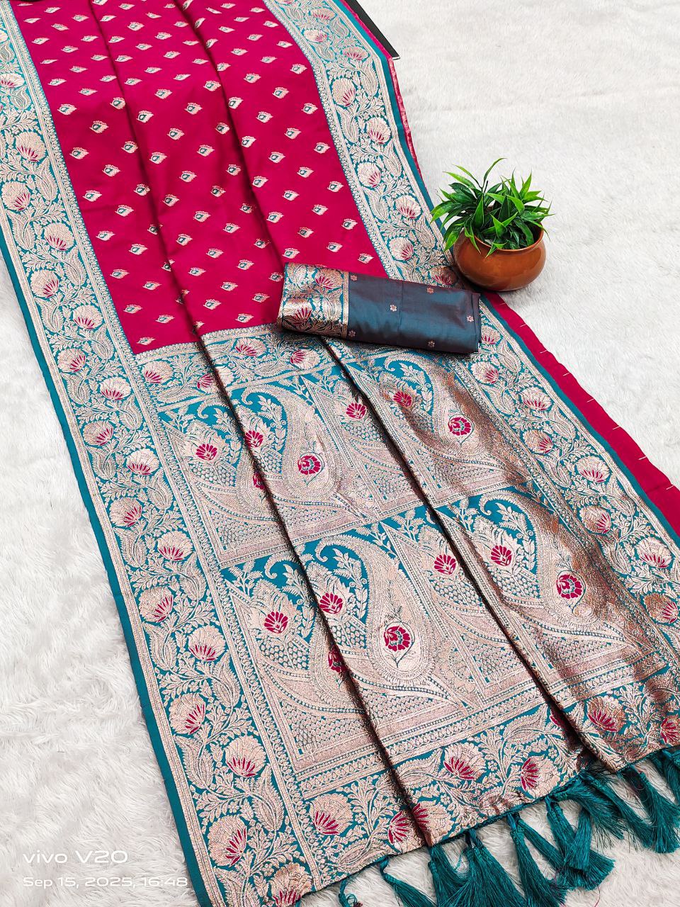 Mameraa Sarees Pink Soft Banarasi Silk Saree With Zari Weaving Meenakari Design-Pink | Grocsy