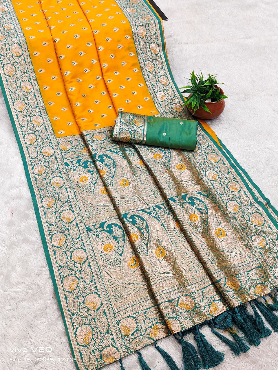 Mameraa Sarees Yellow Soft Banarasi Silk Saree With Zari Weaving Meenakari Design-Yellow | Grocsy