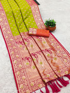 Mameraa Sarees Parrot Green Soft Banarasi Silk Saree With Zari Weaving Meenakari Design-Parrot_Green | Grocsy