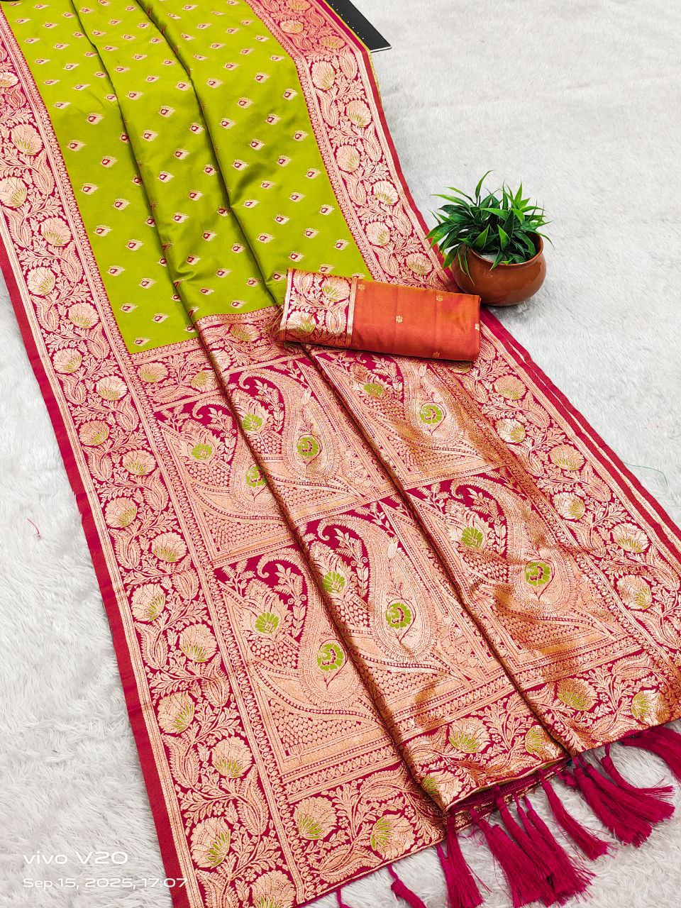 Mameraa Sarees Parrot Green Soft Banarasi Silk Saree With Zari Weaving Meenakari Design-Parrot_Green | Grocsy