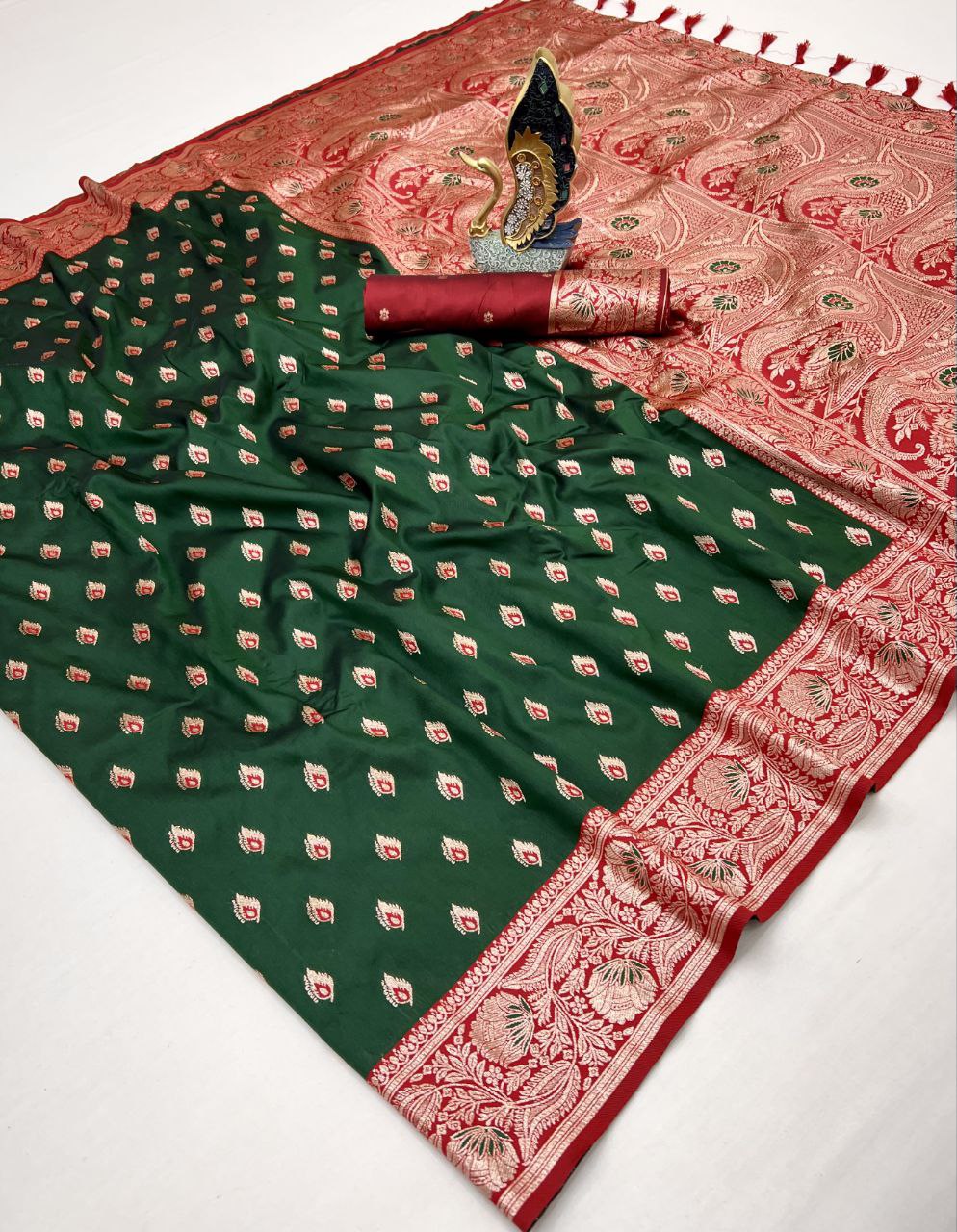 Mameraa Sarees Green Soft Banarasi Silk Saree With Zari Weaving Meenakari Design-Green | Grocsy