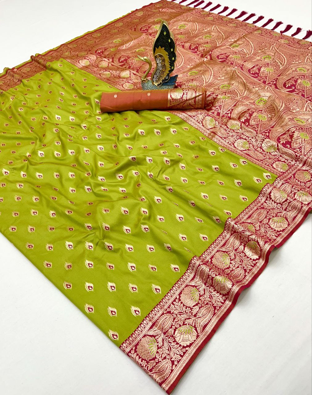 Mameraa Sarees Parrot Green Soft Banarasi Silk Saree With Zari Weaving Meenakari Design-Parrot_Green | Grocsy