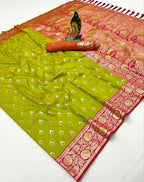Mameraa Sarees Parrot Green Soft Banarasi Silk Saree With Zari Weaving Meenakari Design-Parrot_Green | Grocsy