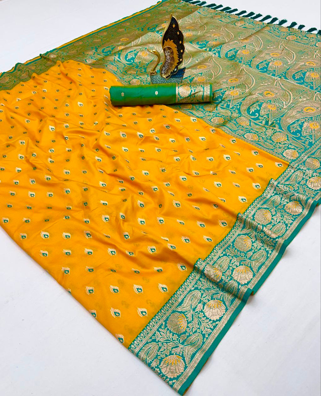 Mameraa Sarees Yellow Soft Banarasi Silk Saree With Zari Weaving Meenakari Design-Yellow | Grocsy