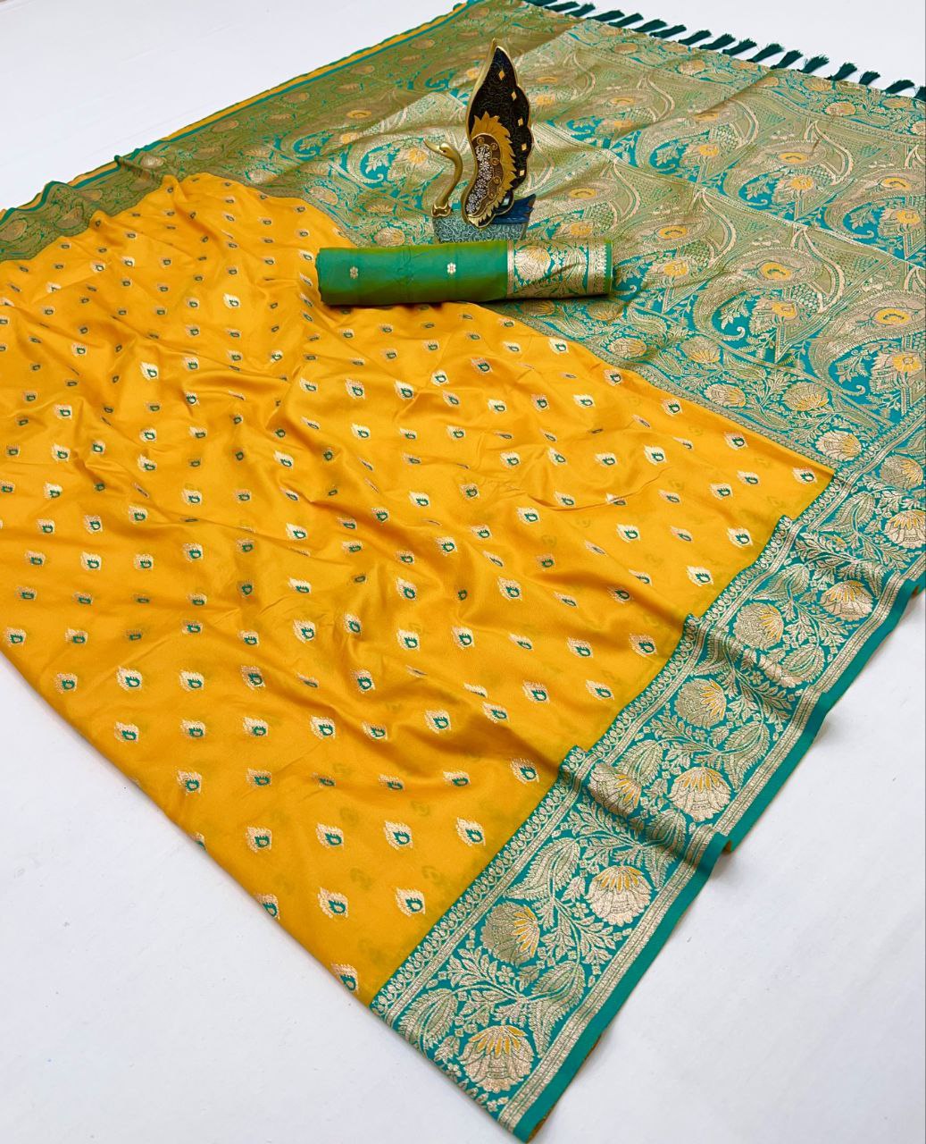 Mameraa Sarees Yellow Soft Banarasi Silk Saree With Zari Weaving Meenakari Design-Yellow | Grocsy
