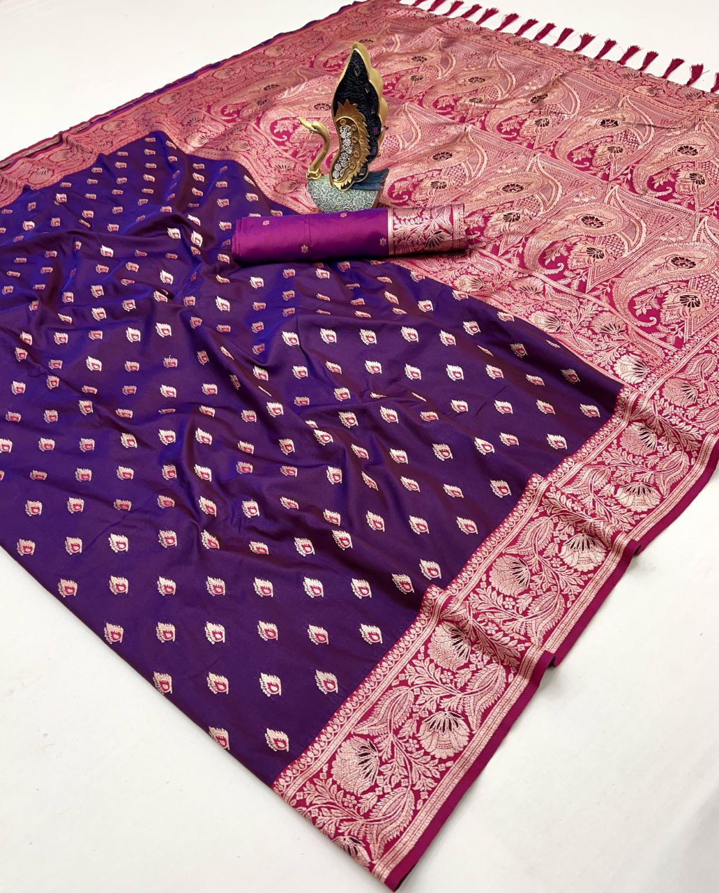 Mameraa Sarees Wine Soft Banarasi Silk Saree With Zari Weaving Meenakari Design-Wine | Grocsy