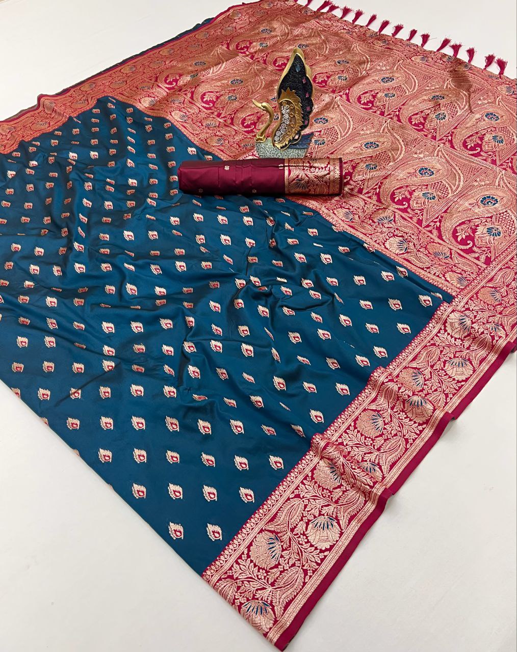 Mameraa Sarees Teal Blue Soft Banarasi Silk Saree With Zari Weaving Meenakari Design-Teal | Grocsy