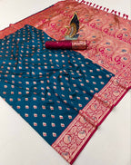 Mameraa Sarees Teal Blue Soft Banarasi Silk Saree With Zari Weaving Meenakari Design-Teal | Grocsy
