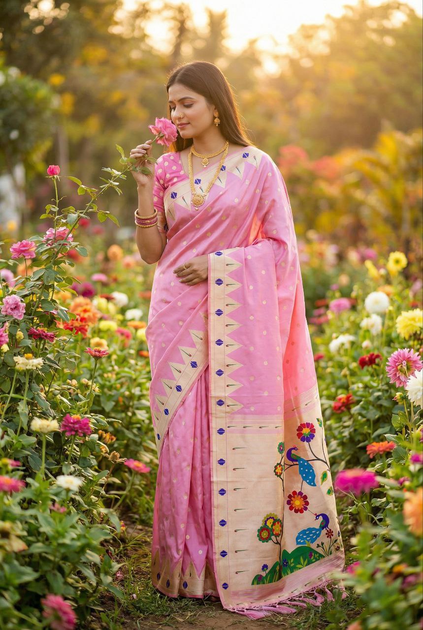 Mameraa Sarees Baby Pink Faux Banarasi Silk Saree With Paithani Rich Weaved Pallu And Blouse-Baby_Pink | Grocsy
