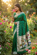 Mameraa Sarees Green Faux Banarasi Silk Saree With Paithani Rich Weaved Pallu And Blouse-Green | Grocsy