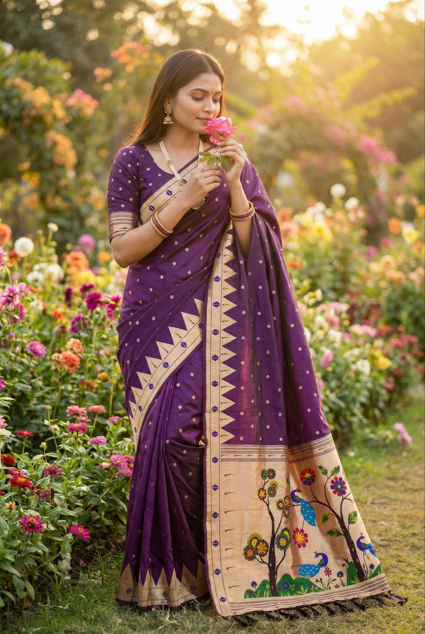Mameraa Sarees Wine Faux Banarasi Silk Saree With Paithani Rich Weaved Pallu And Blouse-Wine | Grocsy