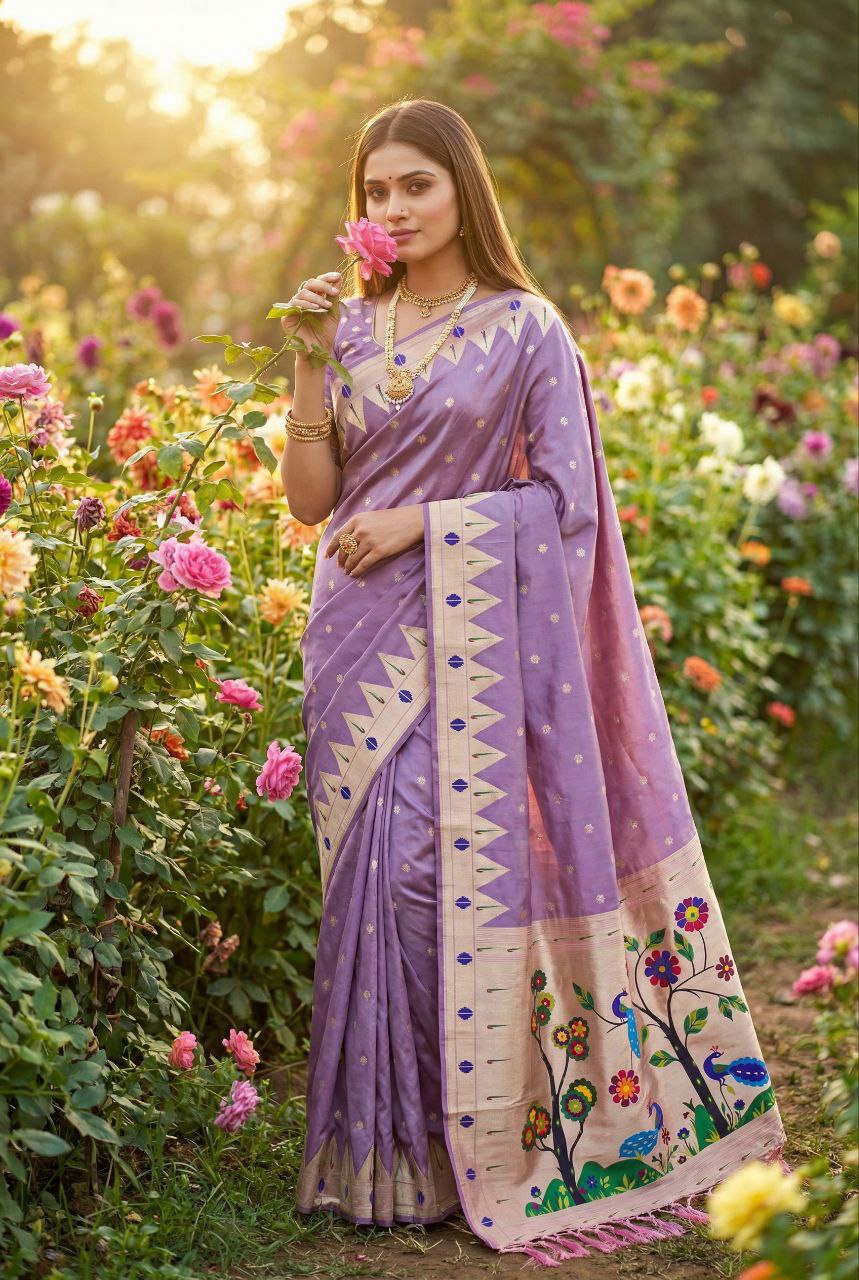 Mameraa Sarees Lavender Faux Banarasi Silk Saree With Paithani Rich Weaved Pallu And Blouse-Lavender | Grocsy
