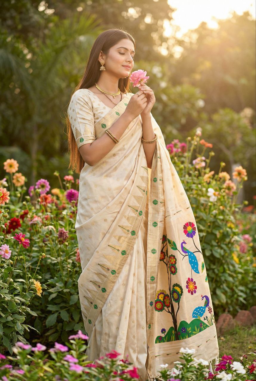 Mameraa Sarees Off White Faux Banarasi Silk Saree With Paithani Rich Weaved Pallu And Blouse-White | Grocsy