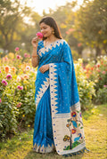 Mameraa Sarees Teal Blue Faux Banarasi Silk Saree With Paithani Rich Weaved Pallu And Blouse-Teal | Grocsy