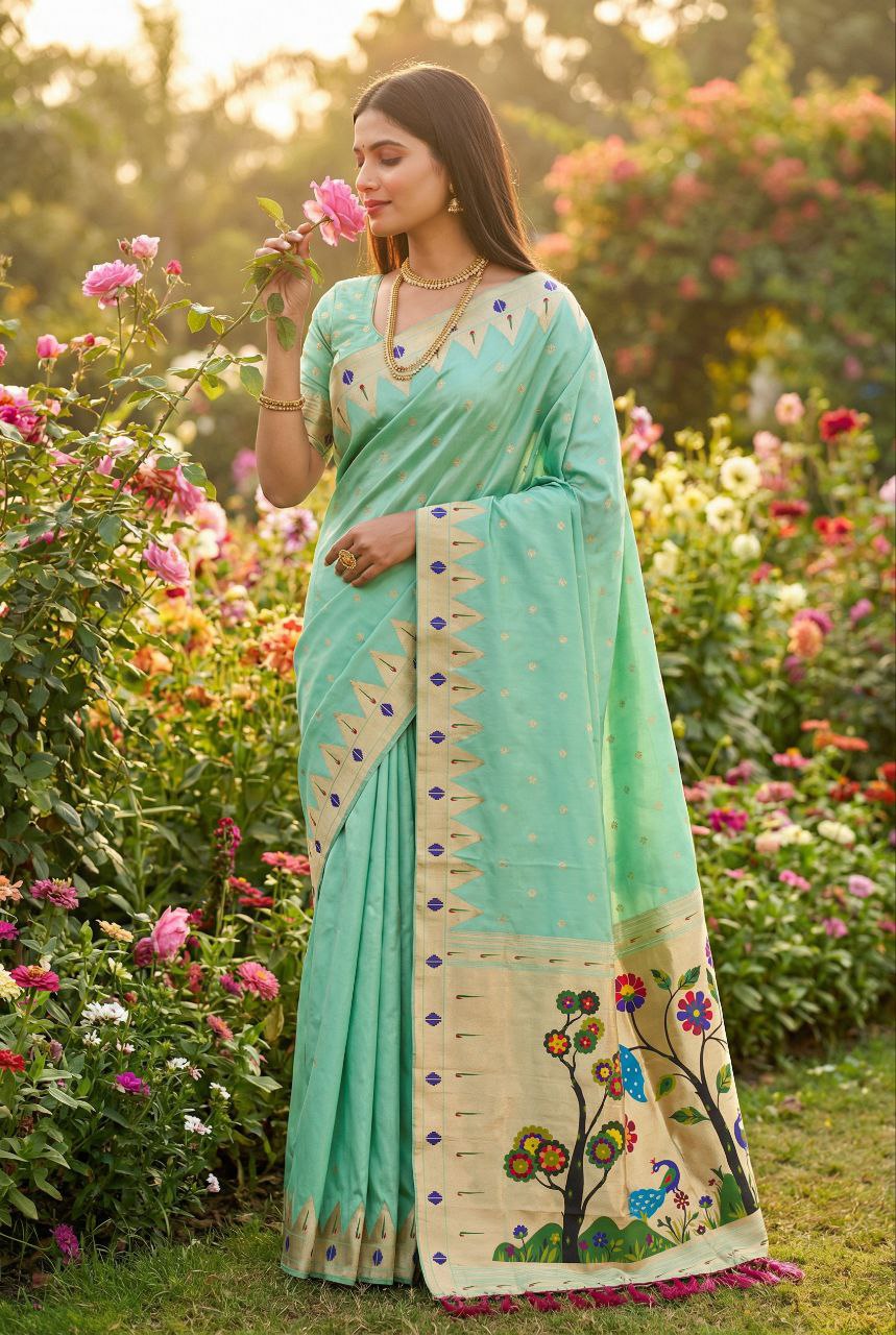 Mameraa Sarees Sea Green Faux Banarasi Silk Saree With Paithani Rich Weaved Pallu And Blouse-Sea_Green | Grocsy