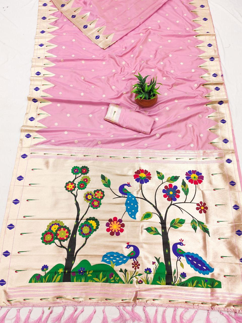 Mameraa Sarees Baby Pink Faux Banarasi Silk Saree With Paithani Rich Weaved Pallu And Blouse-Baby_Pink | Grocsy