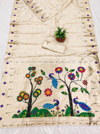 Mameraa Sarees Off White Faux Banarasi Silk Saree With Paithani Rich Weaved Pallu And Blouse-White | Grocsy