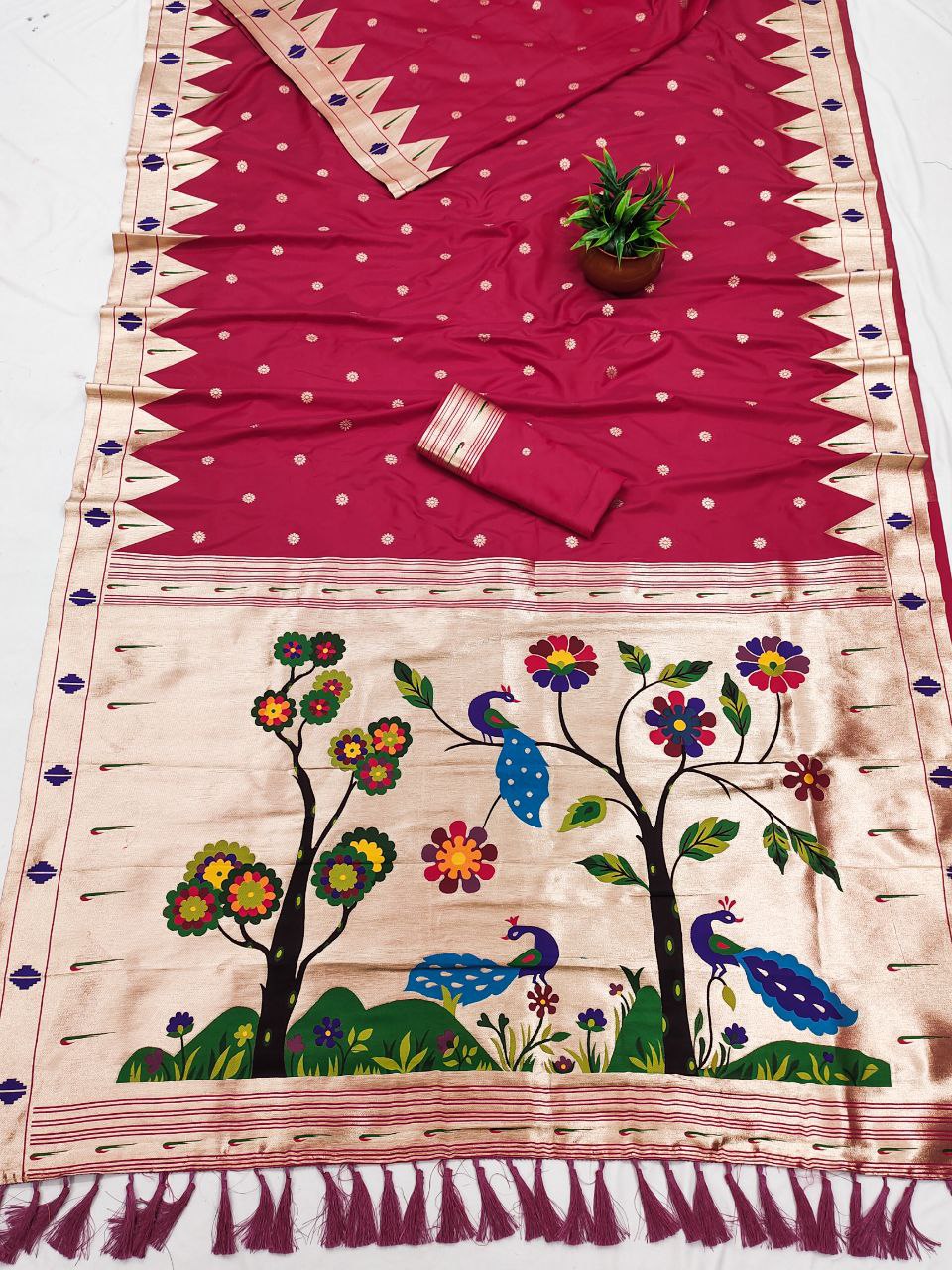 Mameraa Sarees Pink Faux Banarasi Silk Saree With Paithani Rich Weaved Pallu And Blouse-Pink | Grocsy