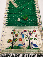 Mameraa Sarees Green Faux Banarasi Silk Saree With Paithani Rich Weaved Pallu And Blouse-Green | Grocsy