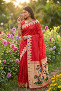 Mameraa Sarees Red Faux Banarasi Silk Saree With Paithani Rich Weaved Pallu And Blouse-Red | Grocsy