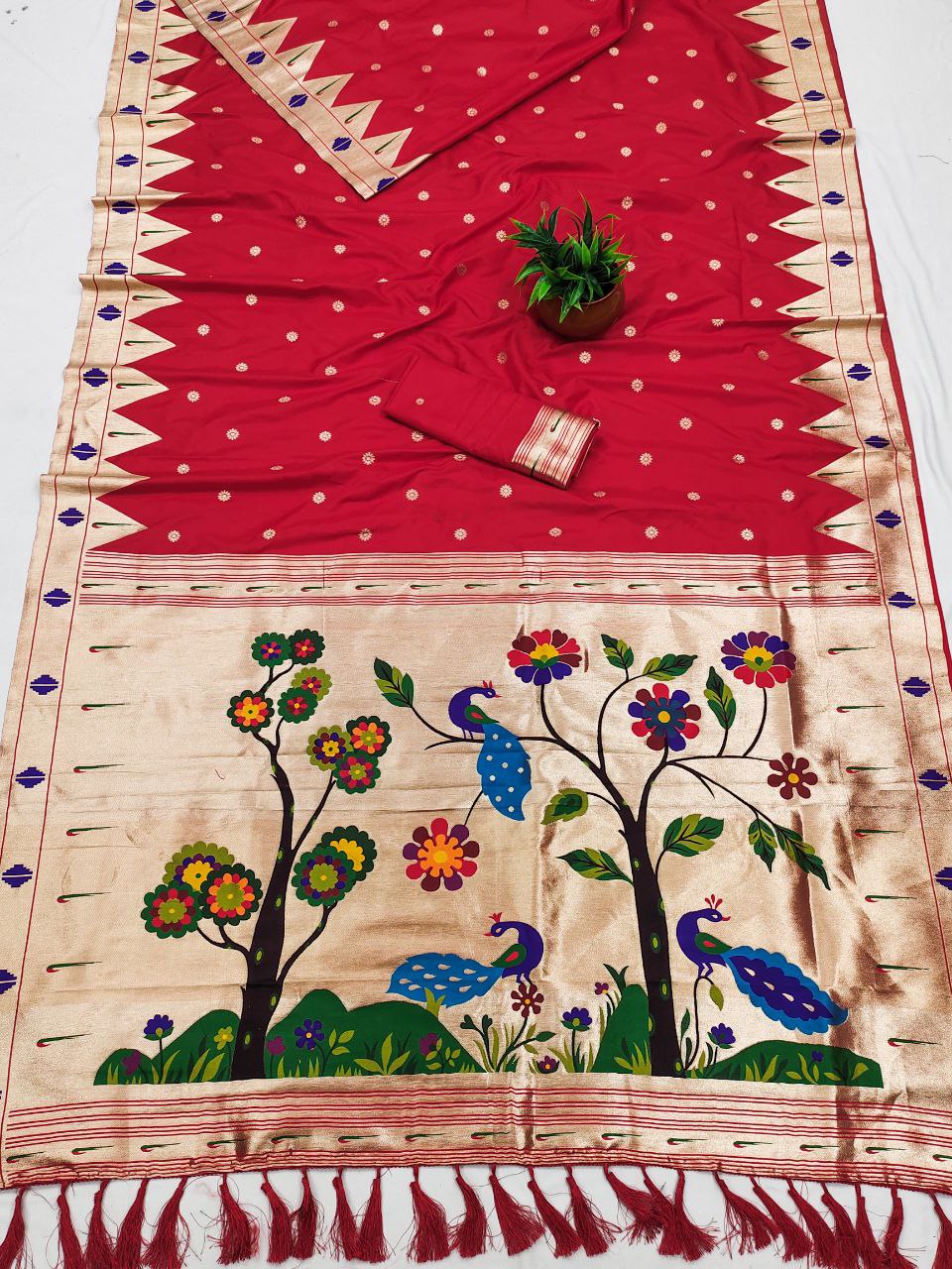 Mameraa Sarees Red Faux Banarasi Silk Saree With Paithani Rich Weaved Pallu And Blouse-Red | Grocsy