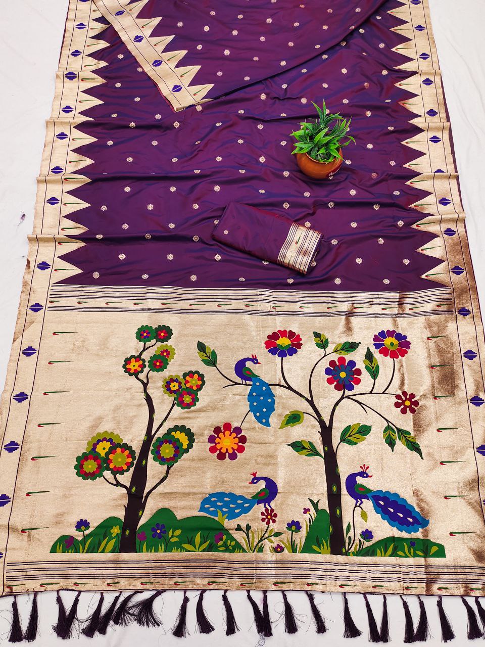 Mameraa Sarees Wine Faux Banarasi Silk Saree With Paithani Rich Weaved Pallu And Blouse-Wine | Grocsy