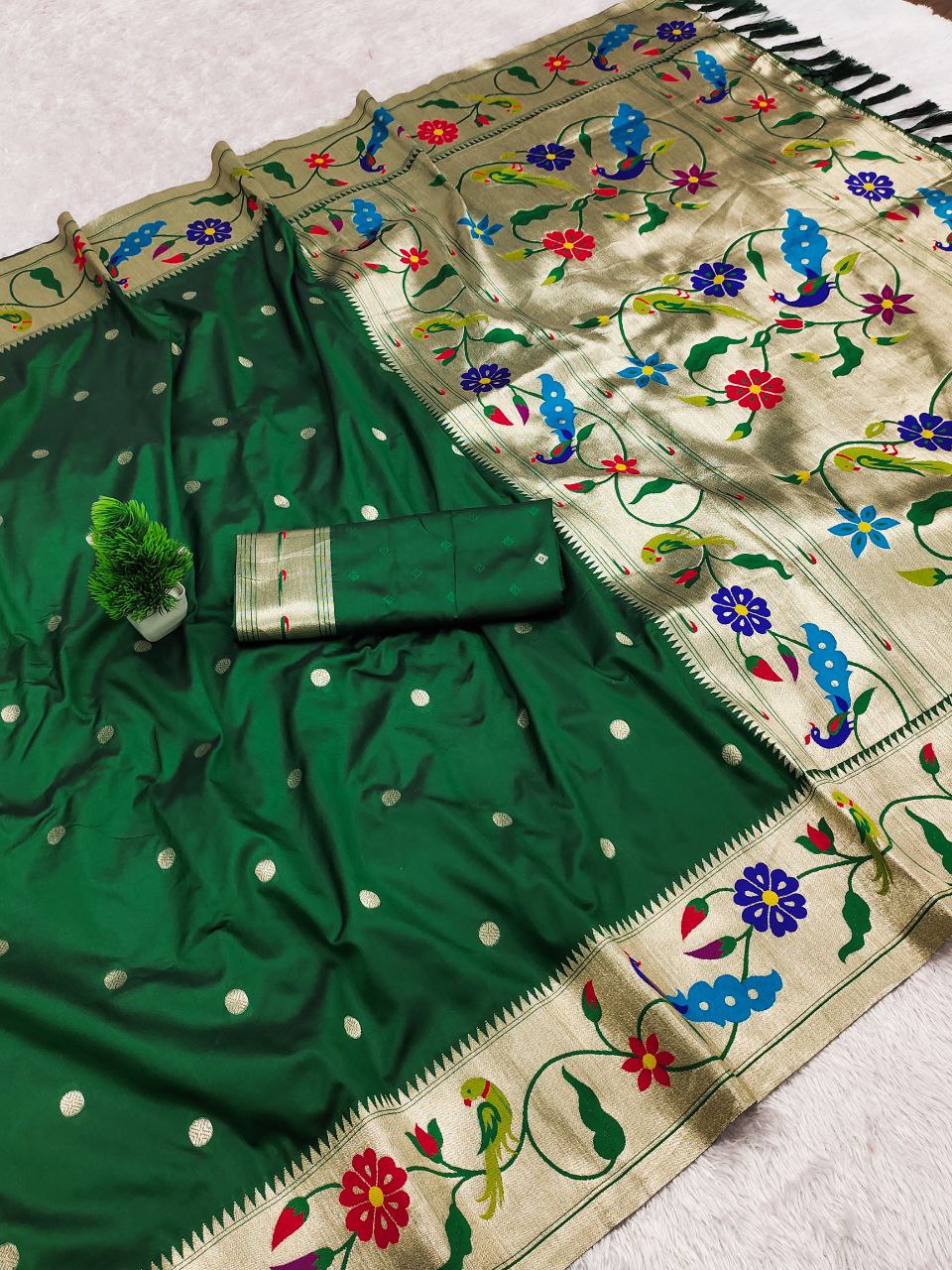 Mameraa Sarees Green Faux Banarasi Silk Saree With Paithani Rich Weaved Pallu And Blouse-Green | Grocsy