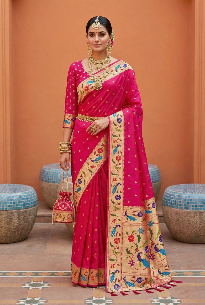Mameraa Sarees Pink Faux Banarasi Silk Saree With Paithani Rich Weaved Pallu And Blouse-Pink | Grocsy