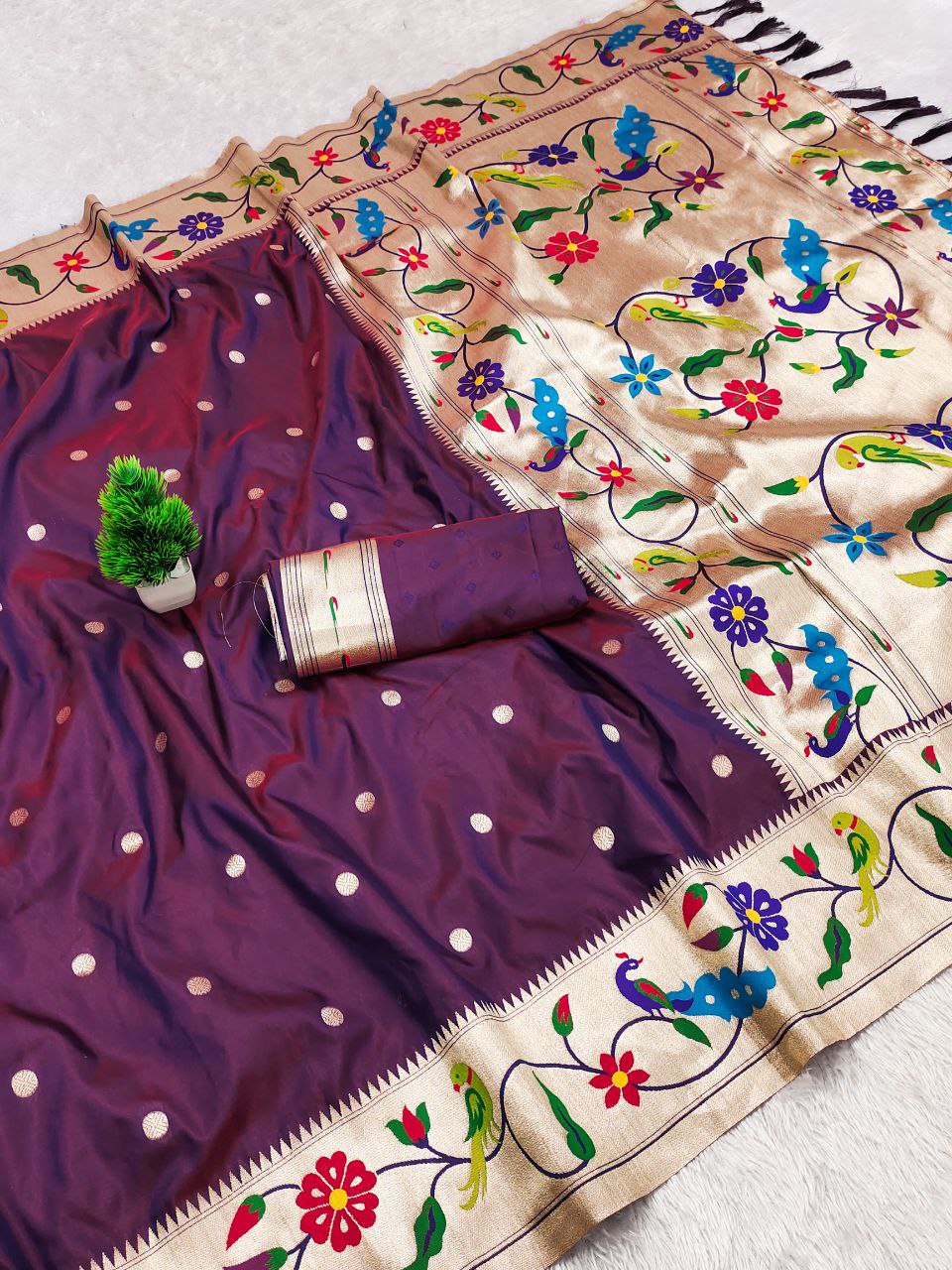 Mameraa Sarees Wine Faux Banarasi Silk Saree With Paithani Rich Weaved Pallu And Blouse-Wine | Grocsy