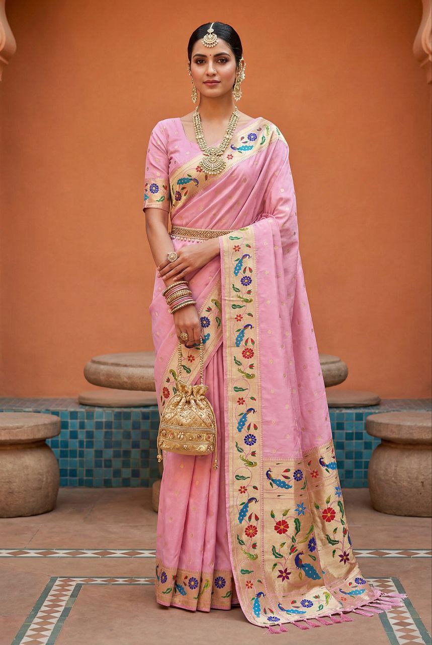 Mameraa Sarees Baby Pink Faux Banarasi Silk Saree With Paithani Rich Weaved Pallu And Blouse-Baby_Pink | Grocsy