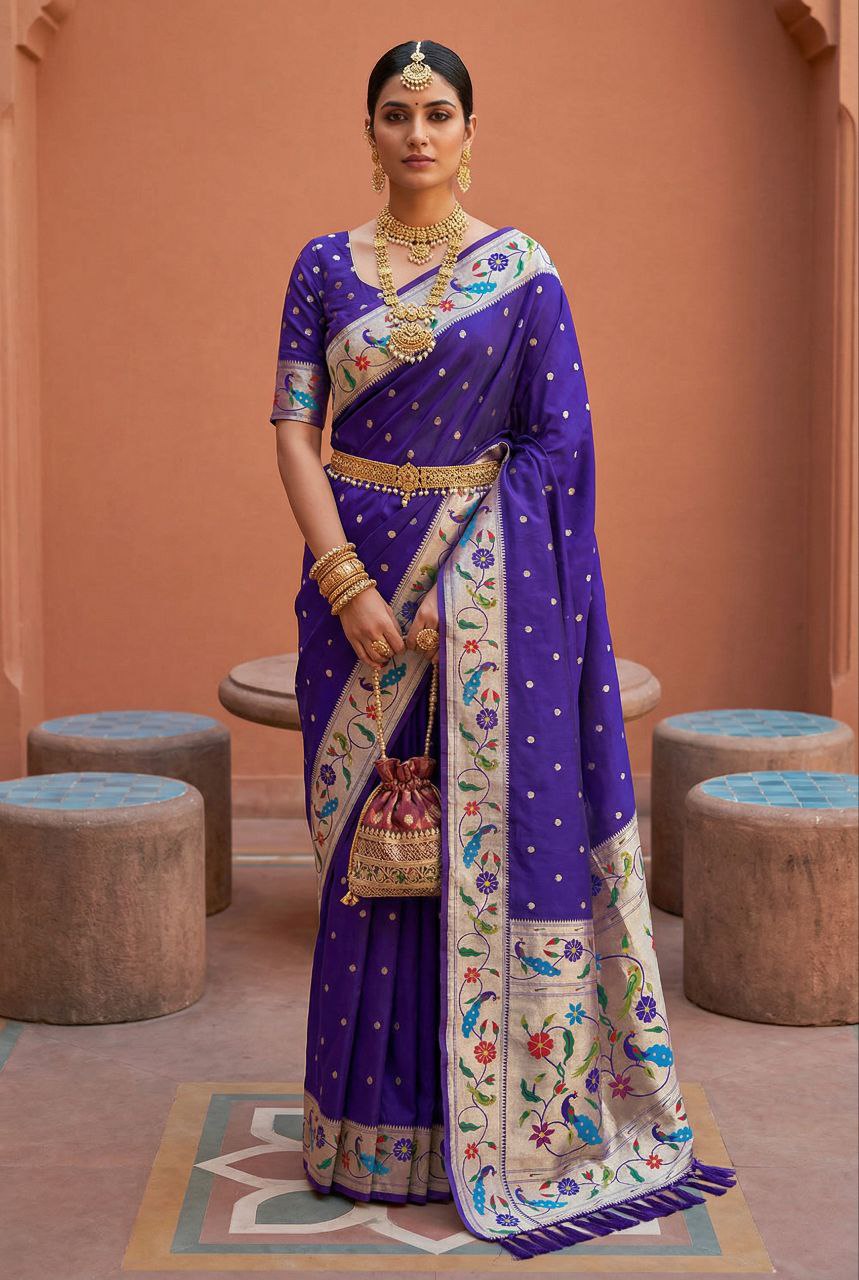 Mameraa Sarees Violet Faux Banarasi Silk Saree With Paithani Rich Weaved Pallu And Blouse-Violet | Grocsy