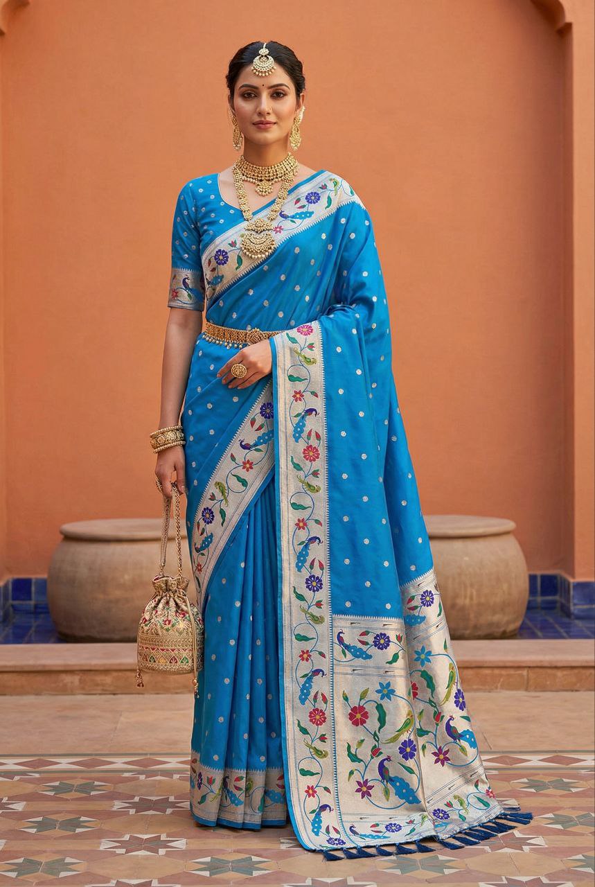Mameraa Sarees Teal Blue Faux Banarasi Silk Saree With Paithani Rich Weaved Pallu And Blouse-Teal | Grocsy