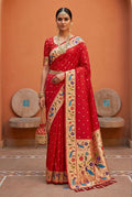 Mameraa Sarees Red Faux Banarasi Silk Saree With Paithani Rich Weaved Pallu And Blouse-Red | Grocsy
